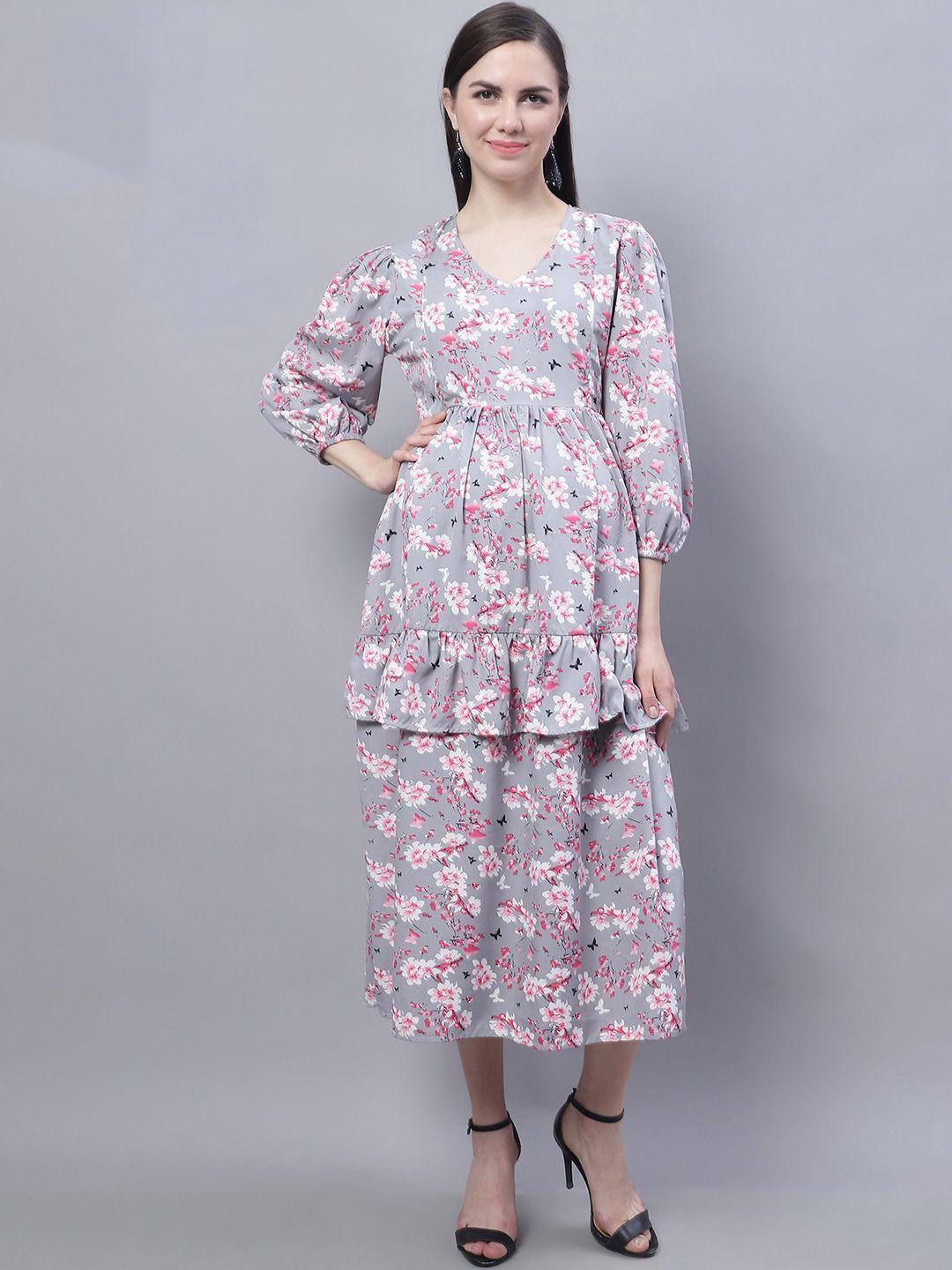 moms maternity feeding floral printed v-neck puff sleeves maternity fit & flare midi dress