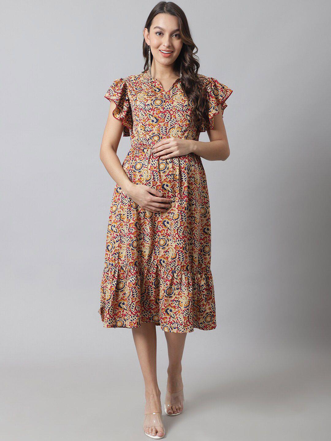 moms maternity floral print flutter sleeve  maternity fit & flare midi dress