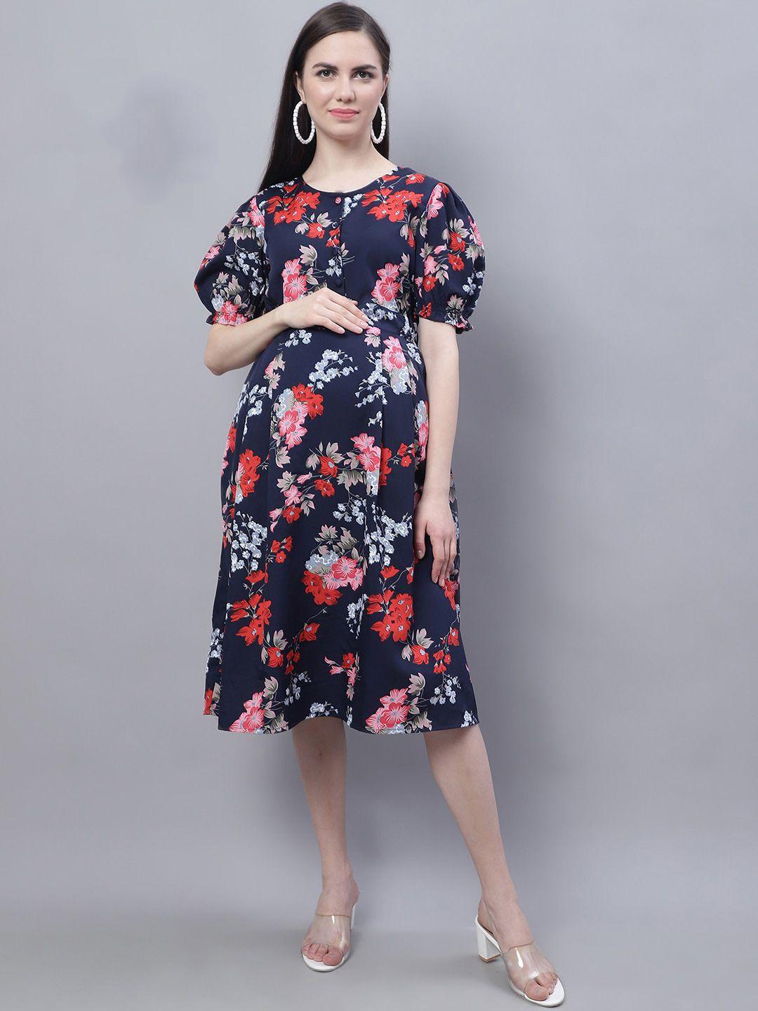 moms maternity floral print puff sleeve crepe maternity fit & flare dress