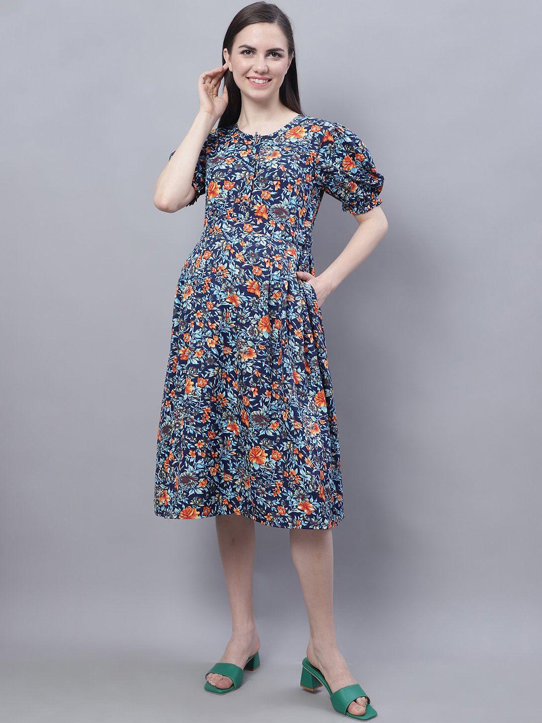 moms maternity floral print puff sleeve crepe maternity fit & flare dress