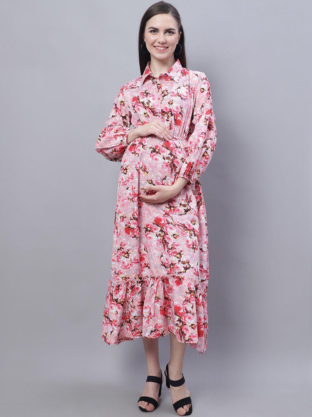 moms maternity floral print puff sleeve crepe maternity midi shirt dress