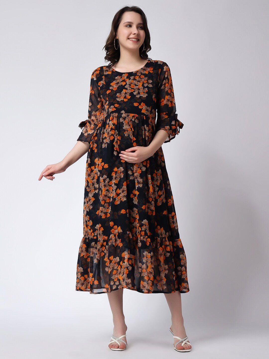 moms maternity floral printed cuffed sleeves maternity fit & flare dress