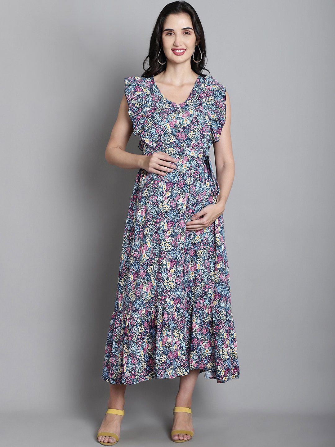 moms maternity floral printed tie-up fit & flare midi dress