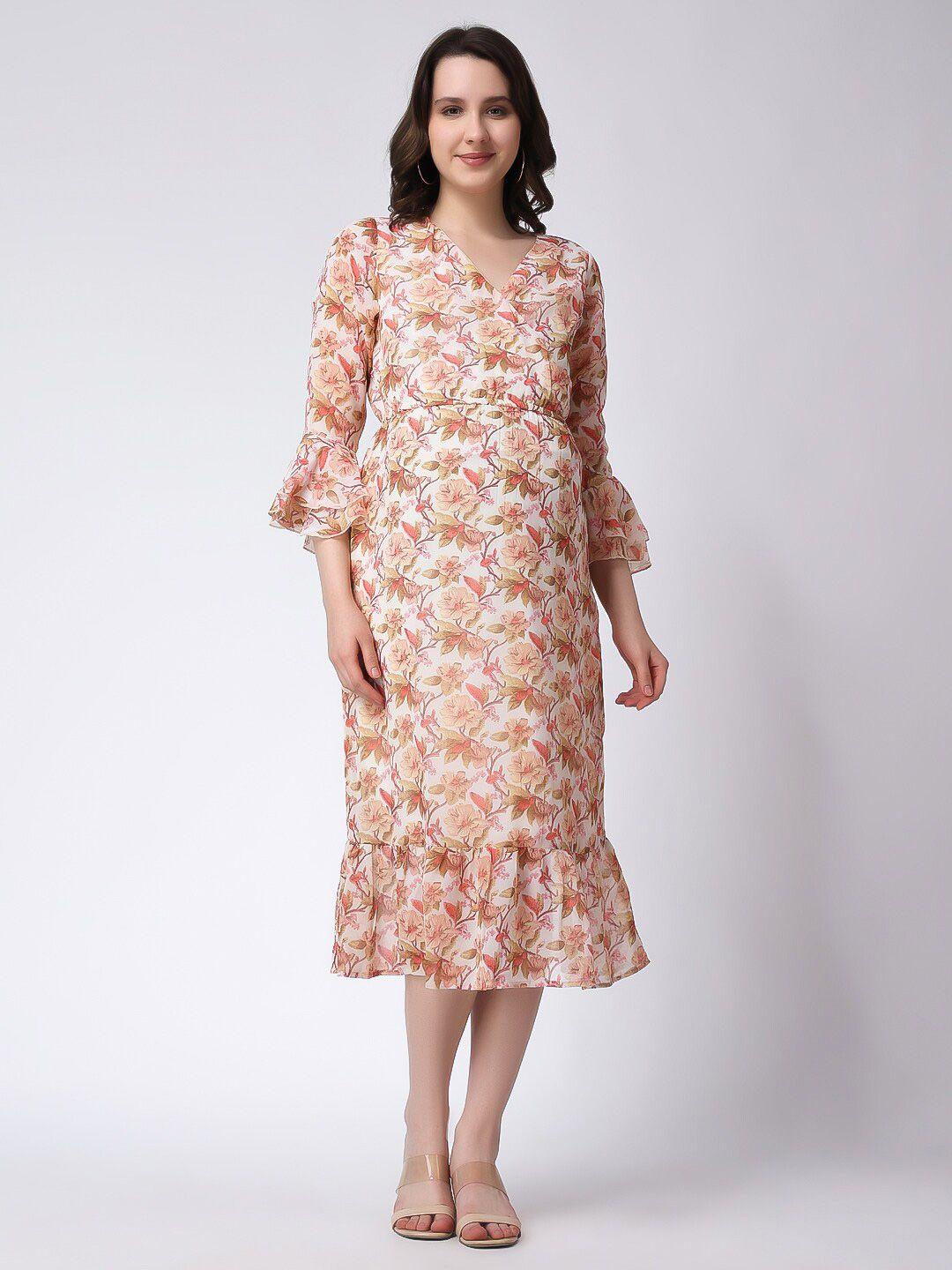 moms maternity off white floral print bell sleeve georgette maternity sheath midi dress
