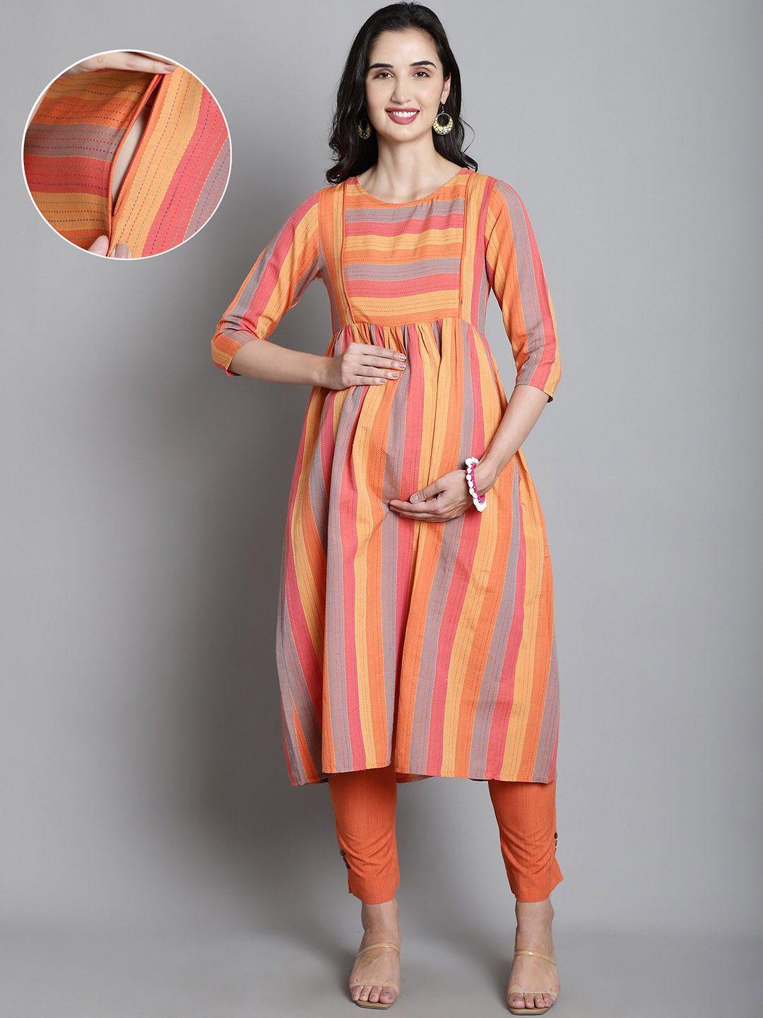 moms maternity striped maternity pleated organic cotton kurta