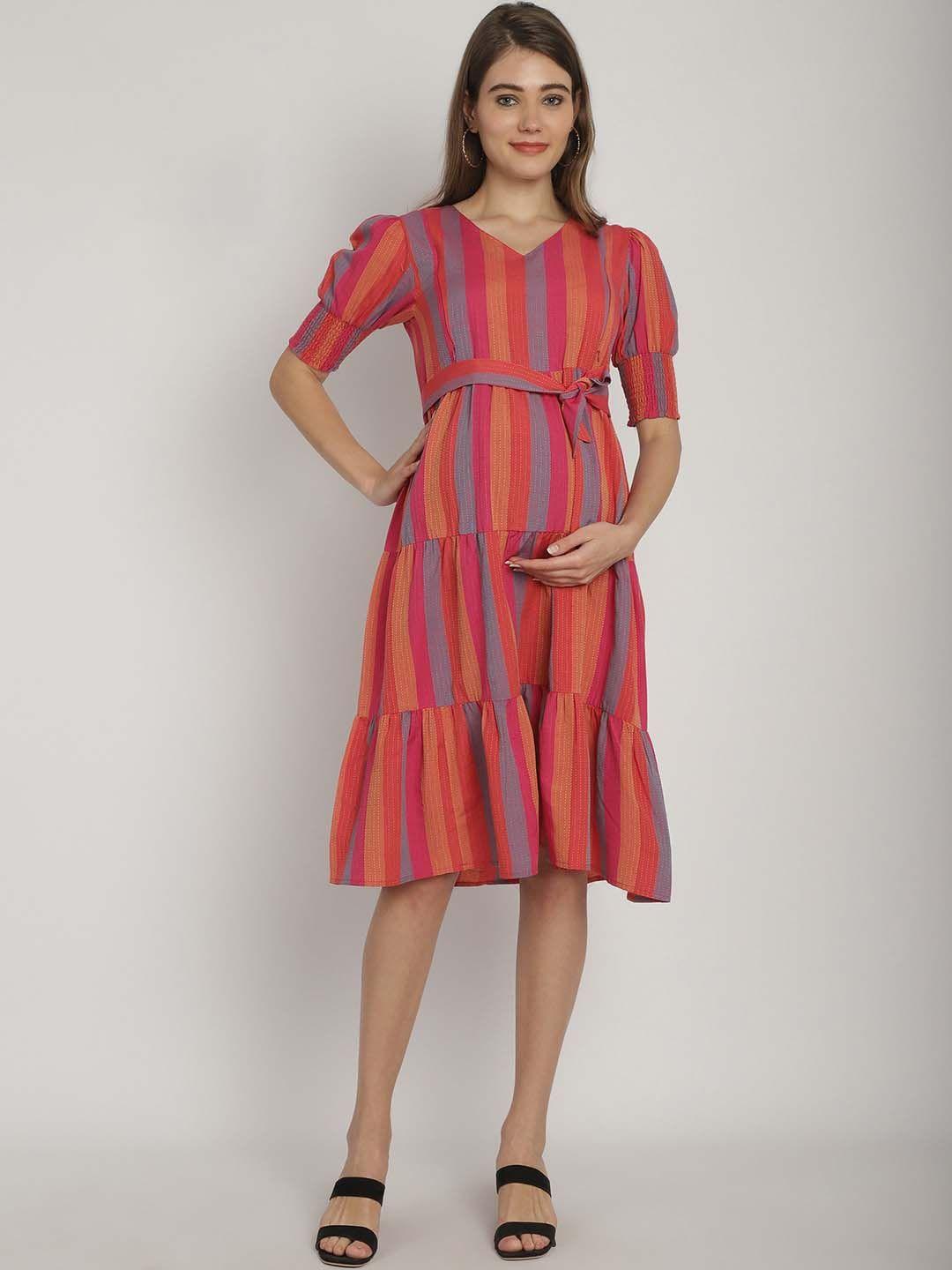 moms maternity striped puff sleeves tiered organic cotton maternity a-line dress