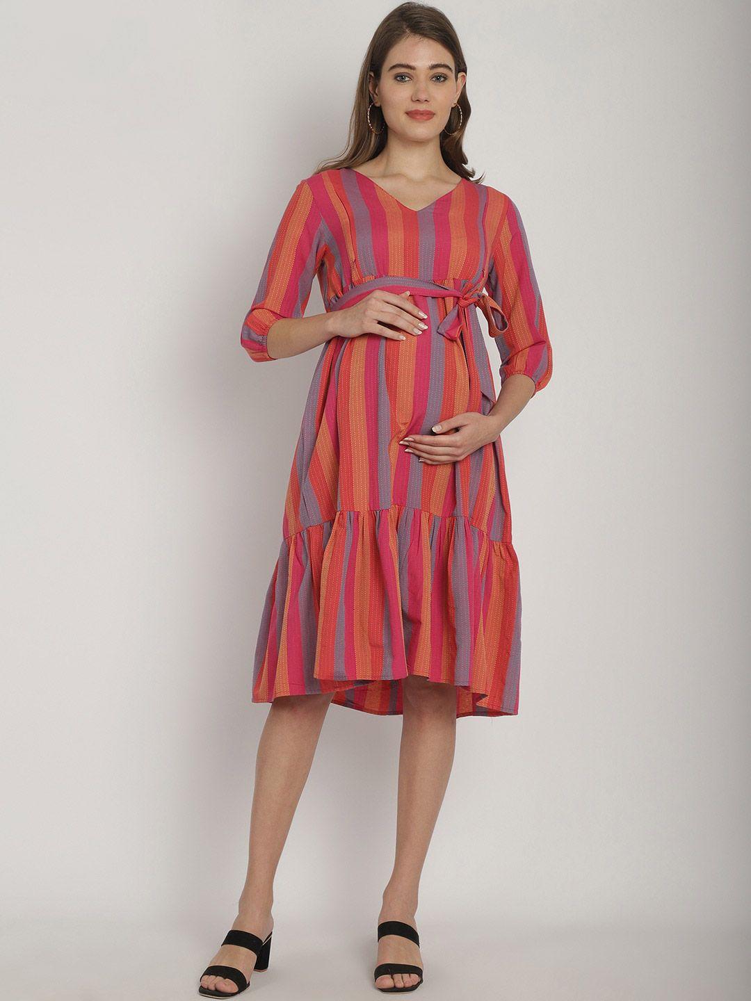 moms maternity v-neck striped printed tiered cotton a-line dress