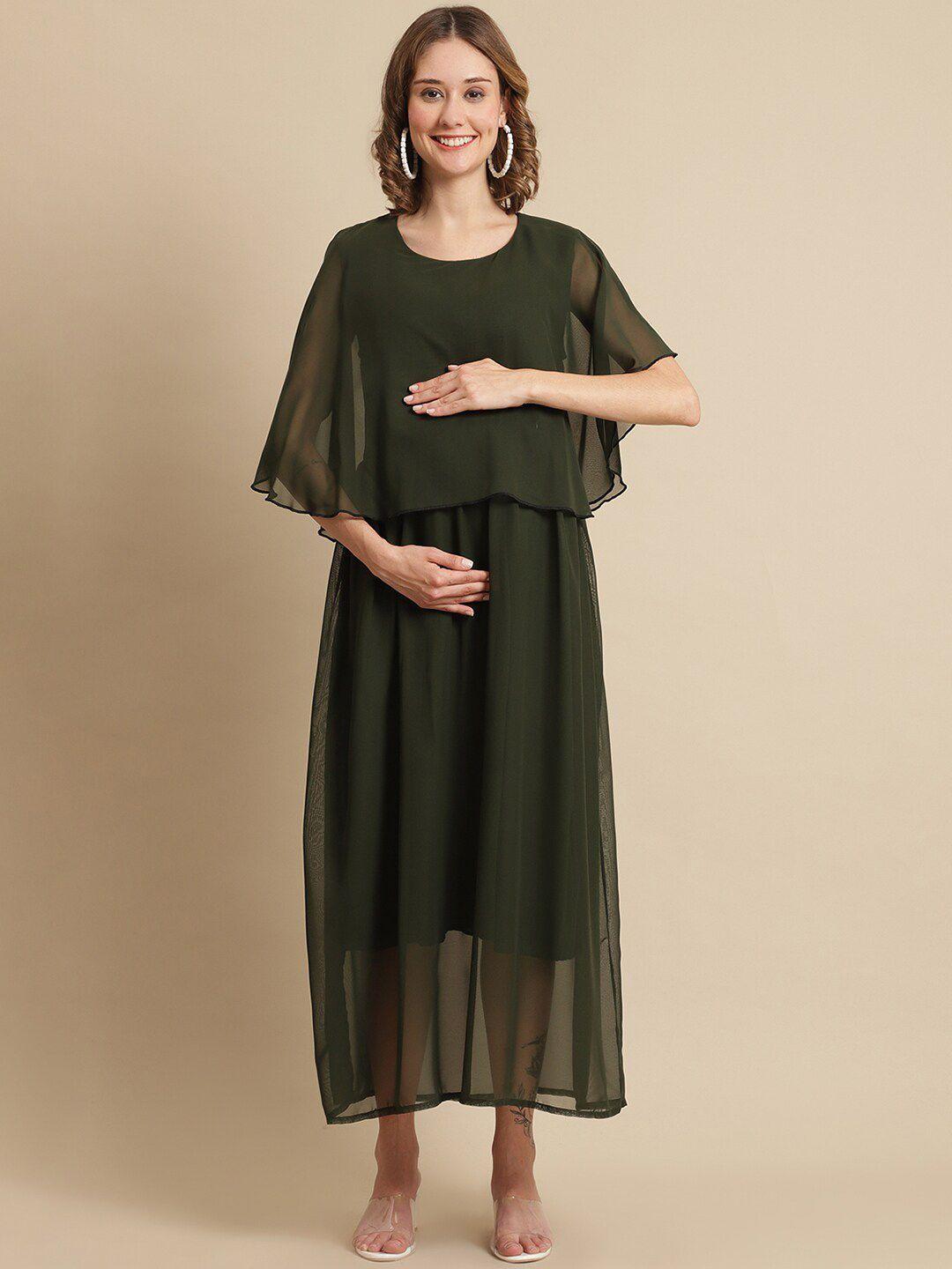 moms maternity women olive green solid georgette maternity empire dress