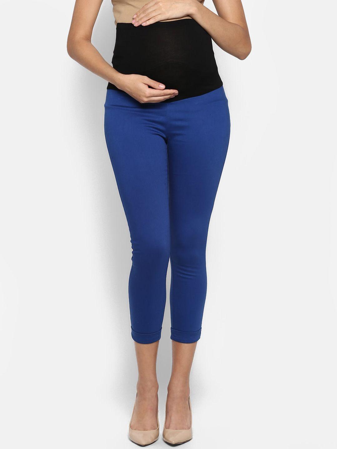 momsoon maternity women blue solid slim fit maternity trousers