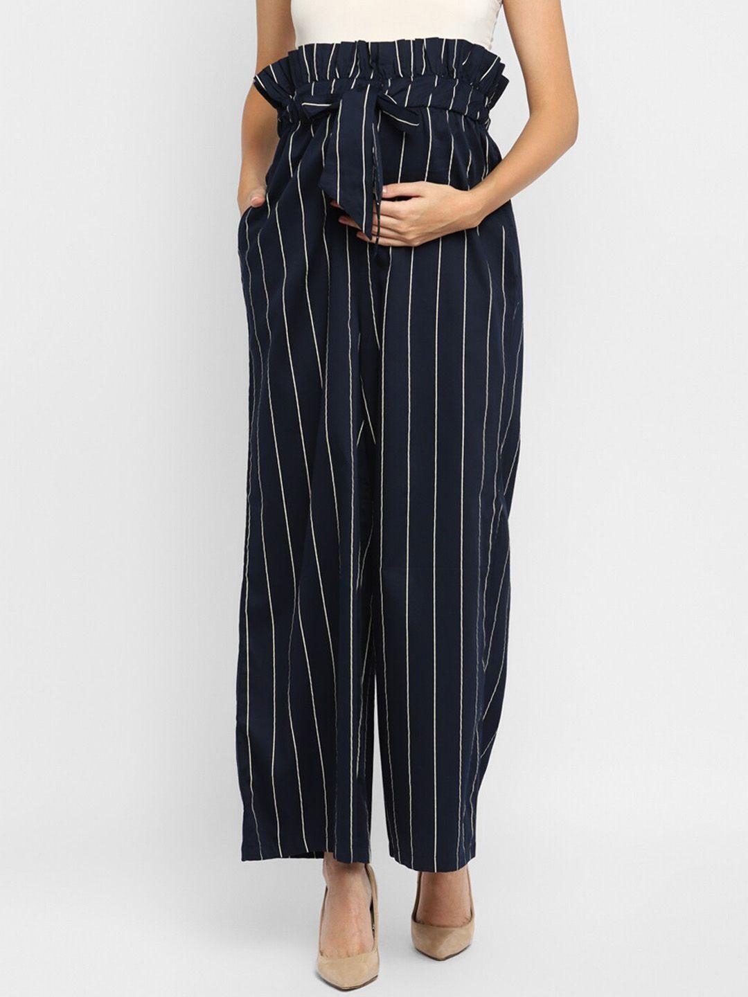 momsoon maternity women blue striped relaxed loose fit high-rise maternity trousers