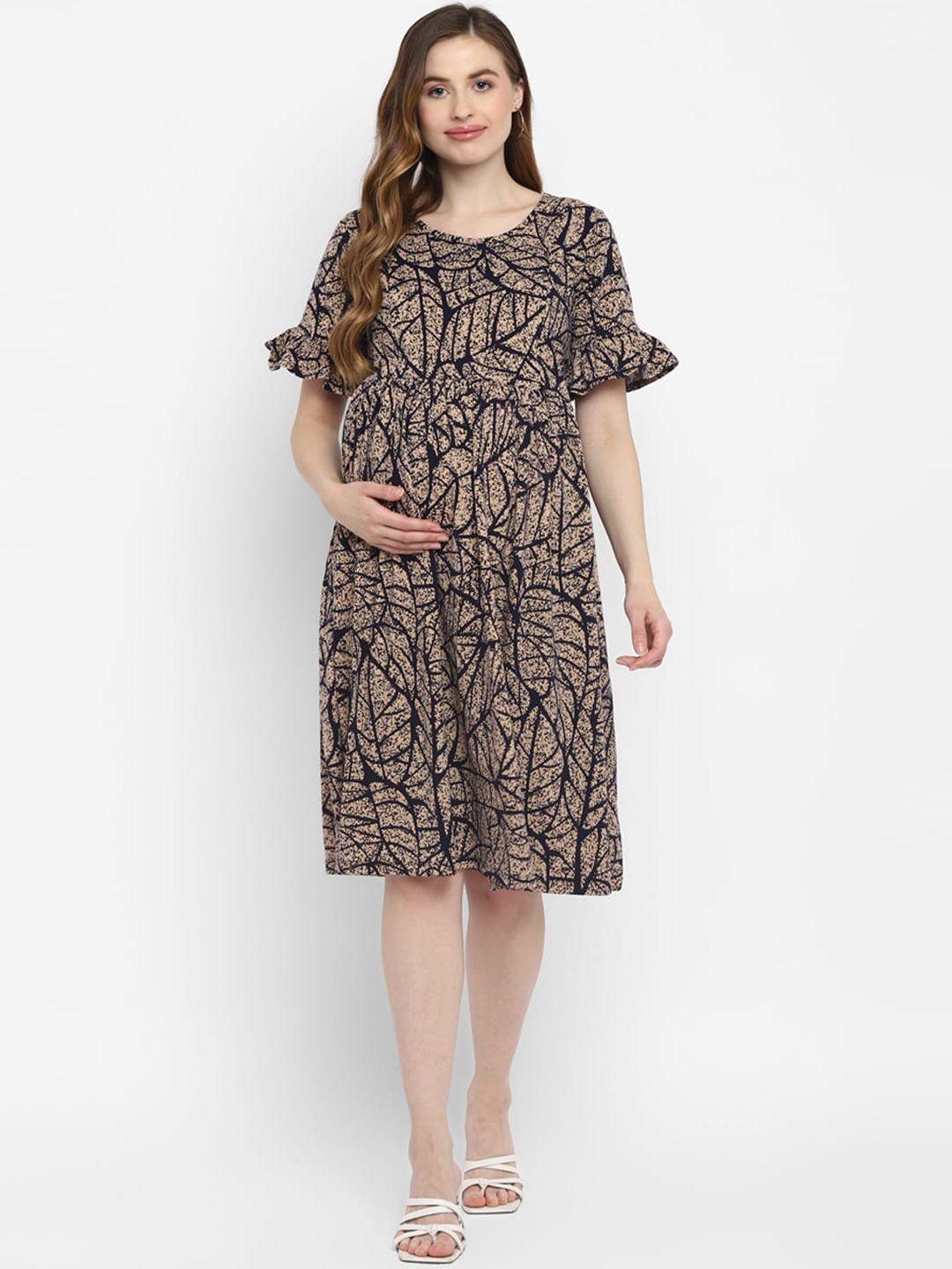 momsoon maternity black & beige printed maternity feeding dress