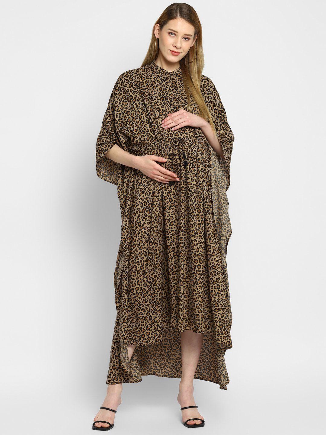 momsoon maternity brown & black animal printed high-low maternity kaftan midi dress