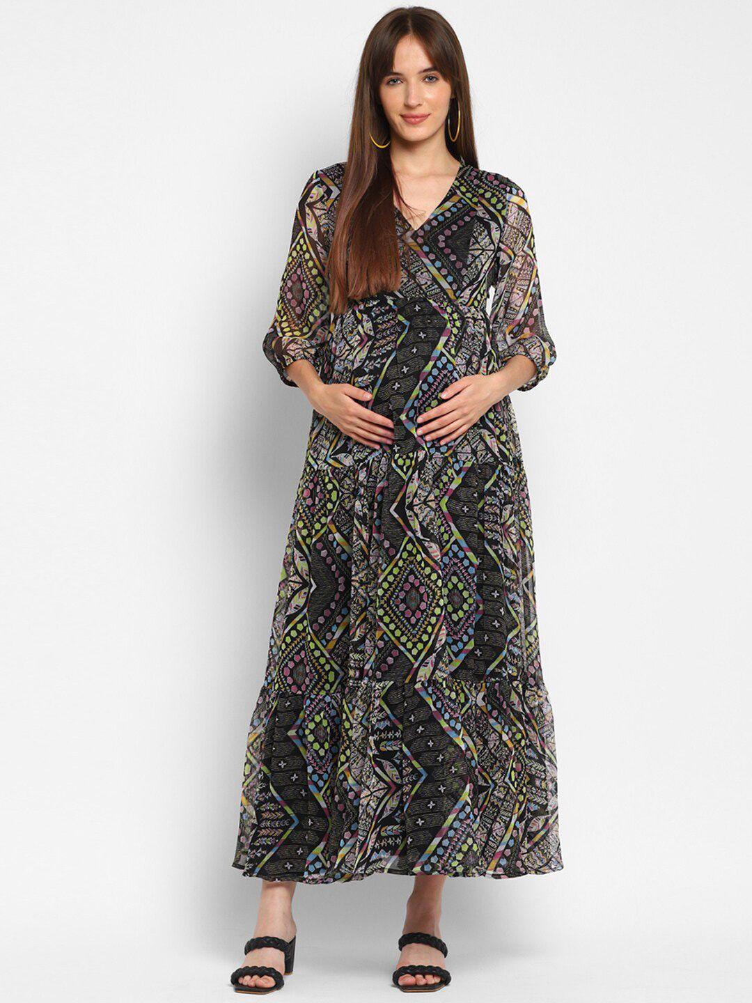 momsoon maternity ethnic motifs printed v-neck tiered chiffon maxi maternity dress