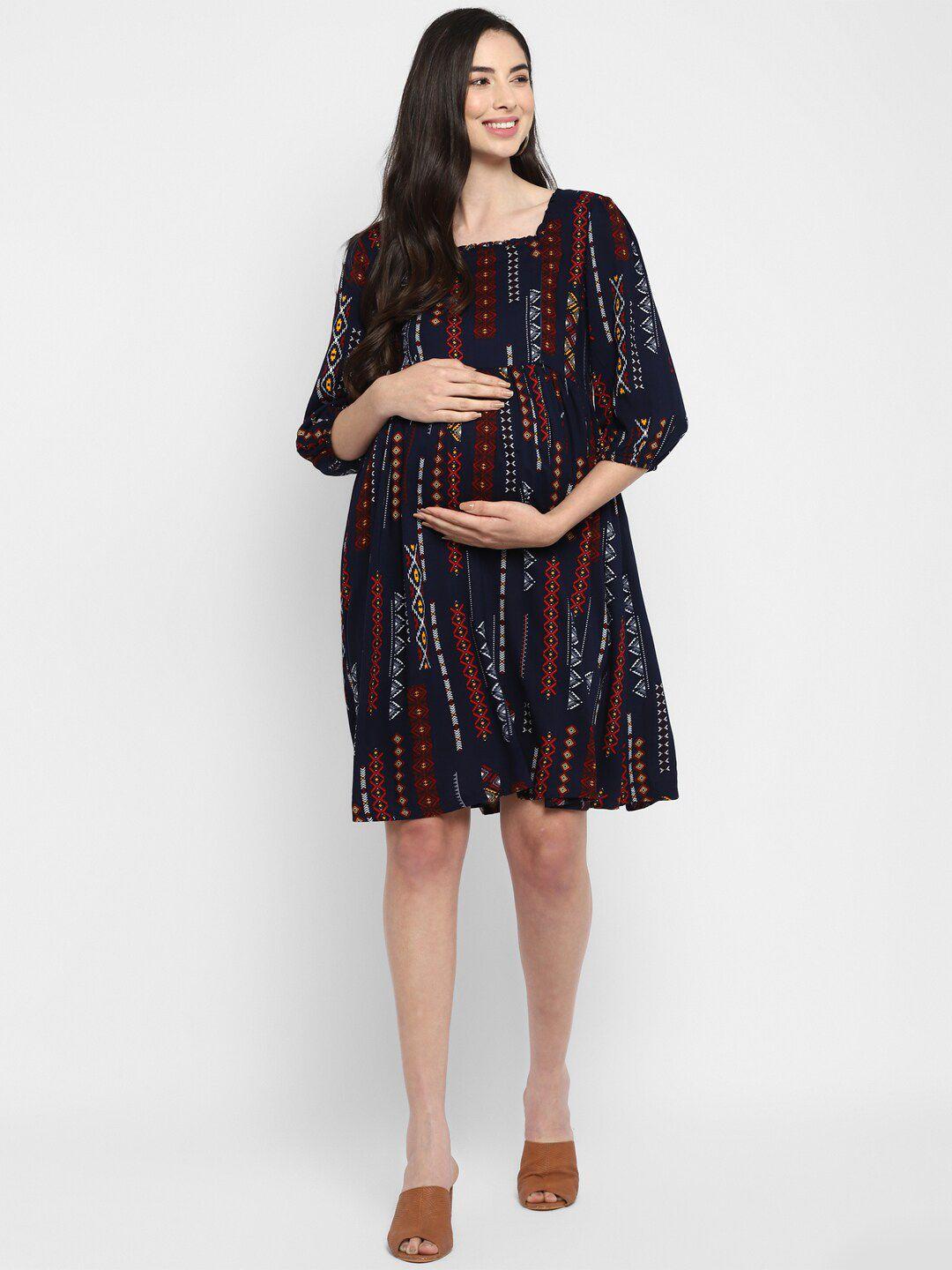 momsoon maternity navy blue & red printed maternity nursing dress