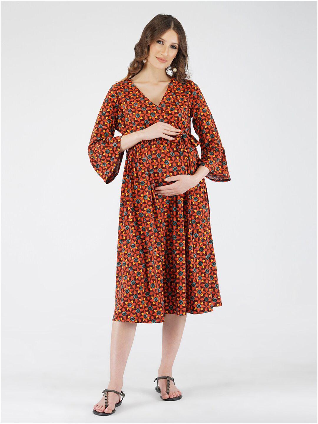 momsoon maternity orange & red printed midi wrap dress