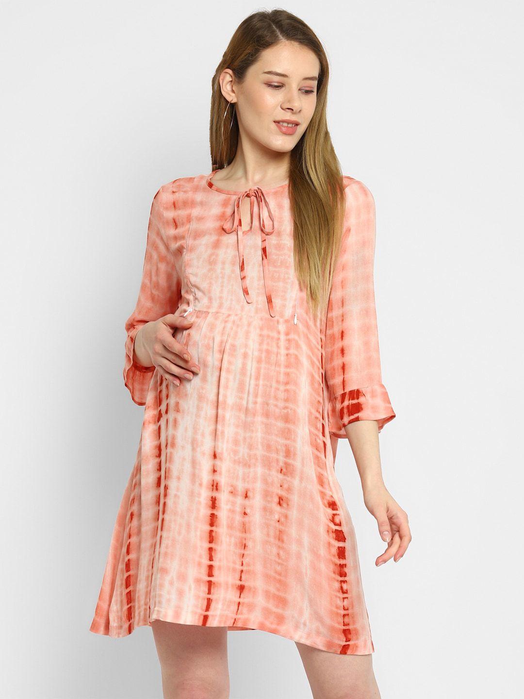momsoon maternity peach-coloured tie and dye & tie-up neck maternity a-line dress