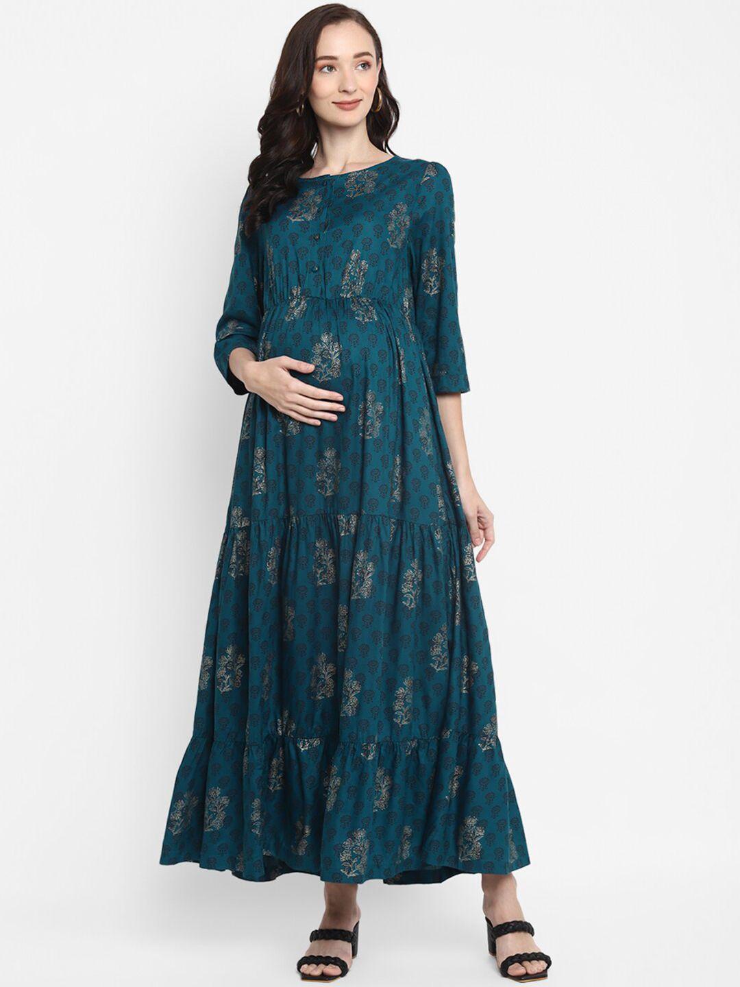 momsoon maternity teal ethnic motifs maternity a-line maxi dress