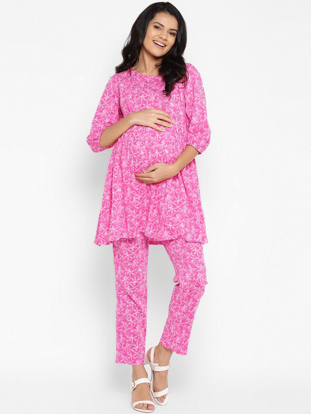 momsoon maternity women pink & white printed maternity tunic with trousers