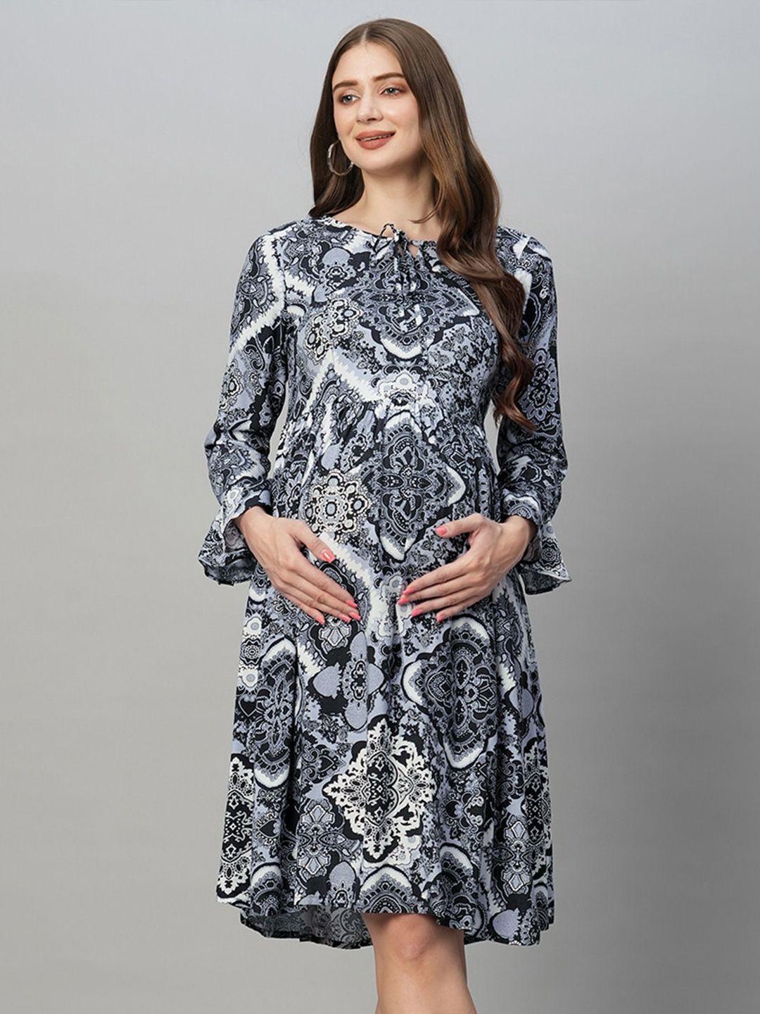 momtobe ethnic motifs printed maternity fit & flare dress