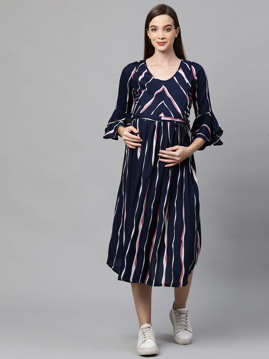 momtobe-navy-blue-&-pink-striped-maternity-nursing-midi-dress