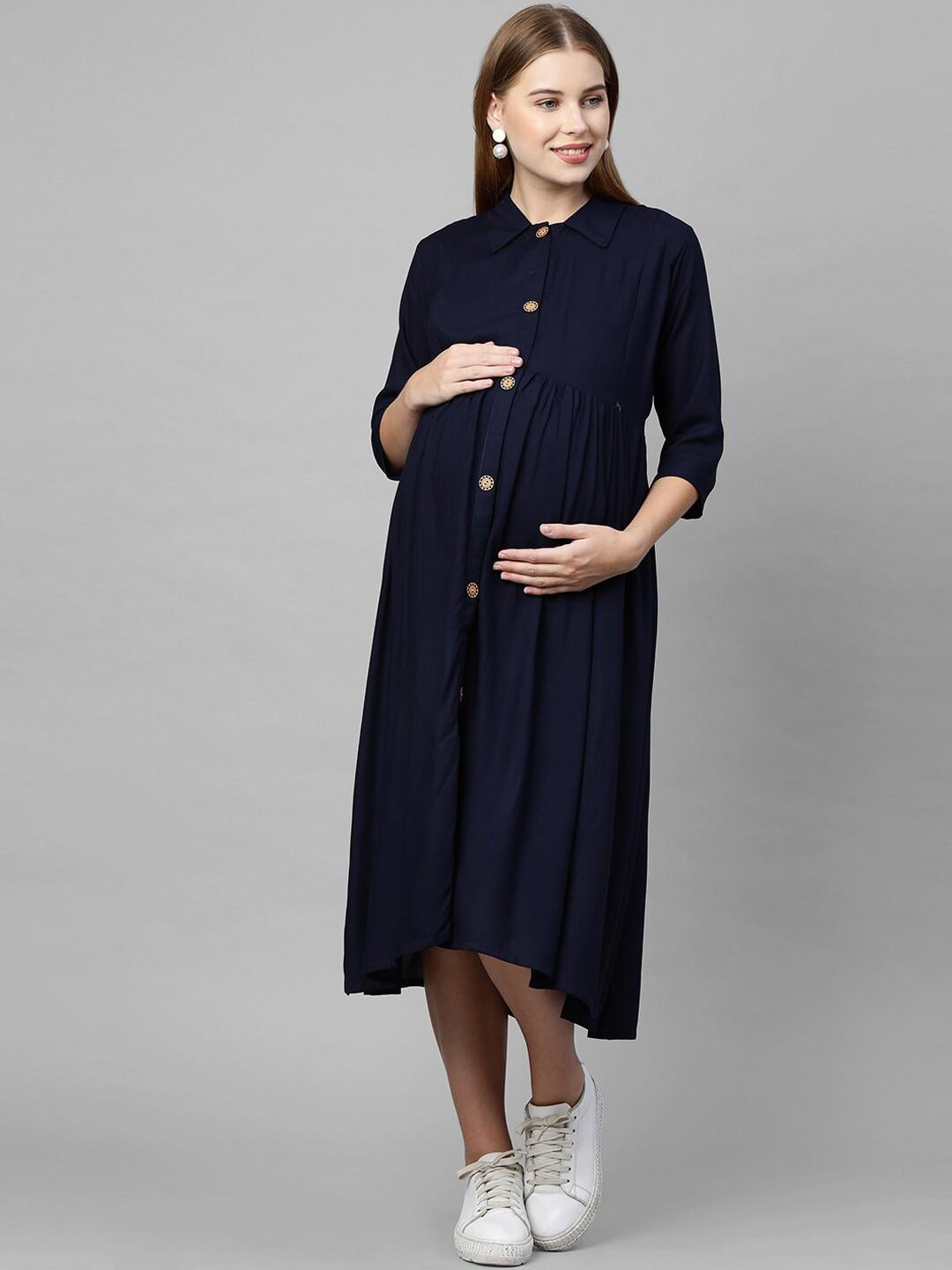momtobe navy blue maternity shirt midi dress