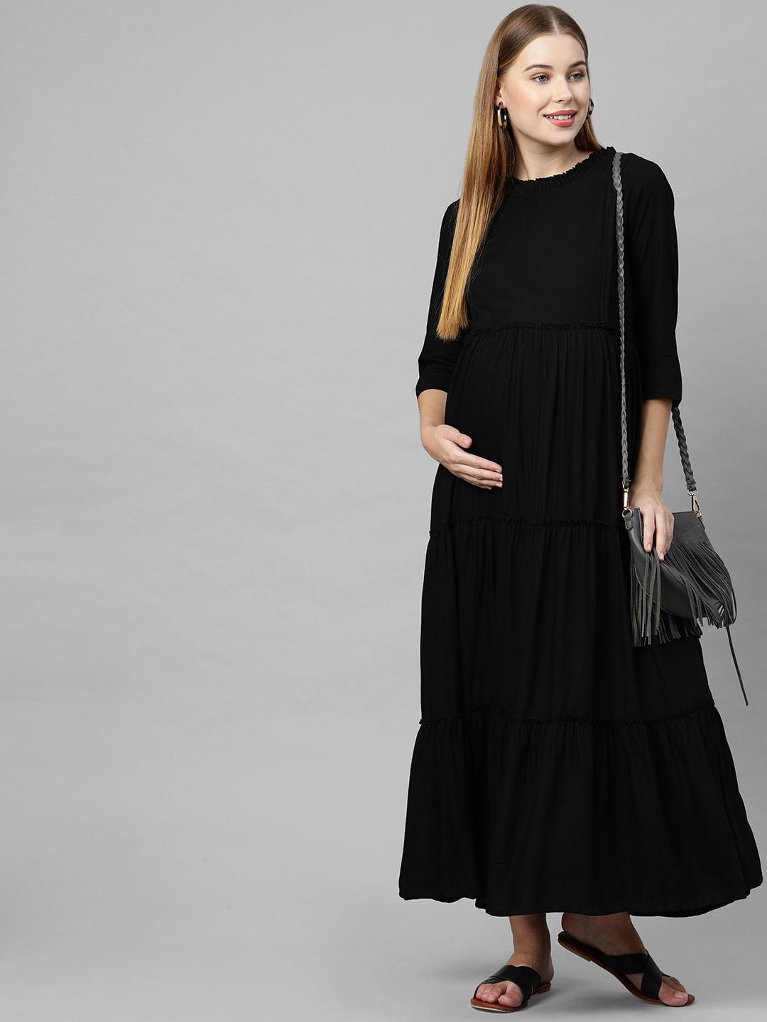 momtobe women black solid maxi maternity dress