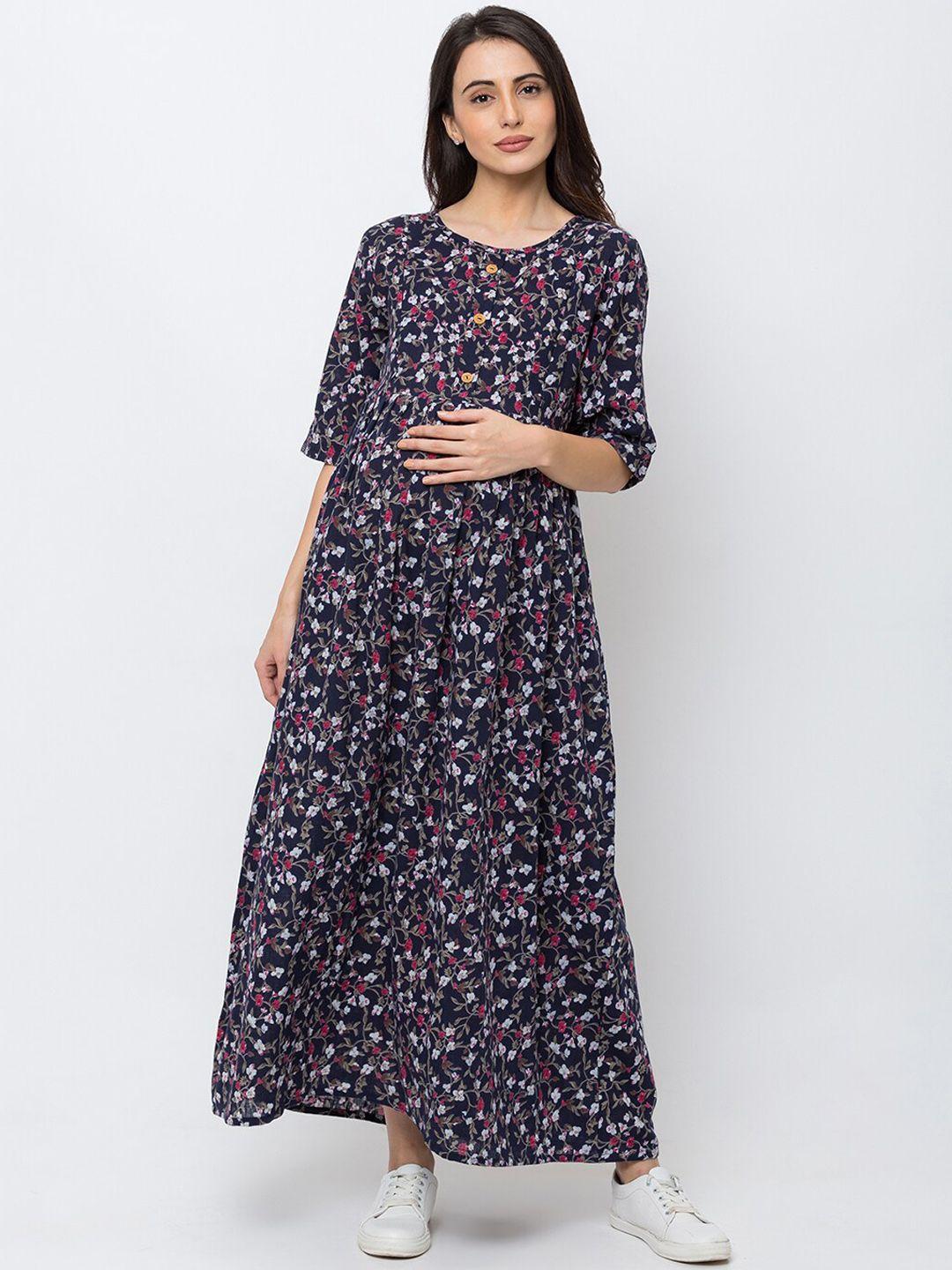 momtobe women navy blue floral printed maternity maxi dress