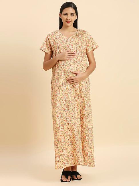 momtobe beige cotton floral print feeding nighty