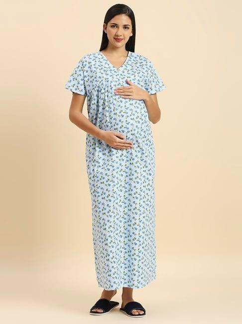 momtobe blue cotton floral print feeding nighty