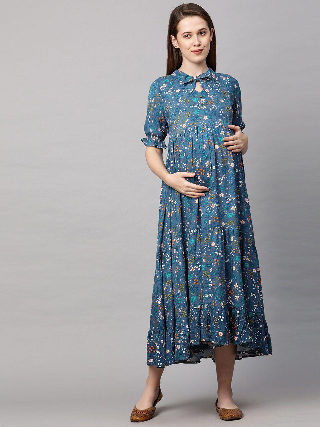 momtobe blue floral maternity maxi nursing dress