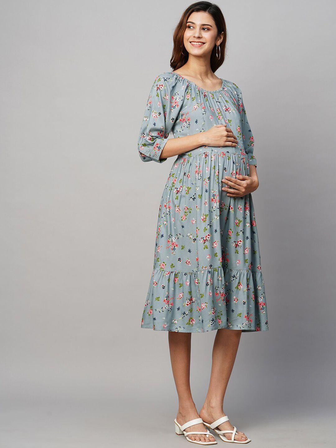 momtobe blue floral print puff sleeve maternity a-line dress
