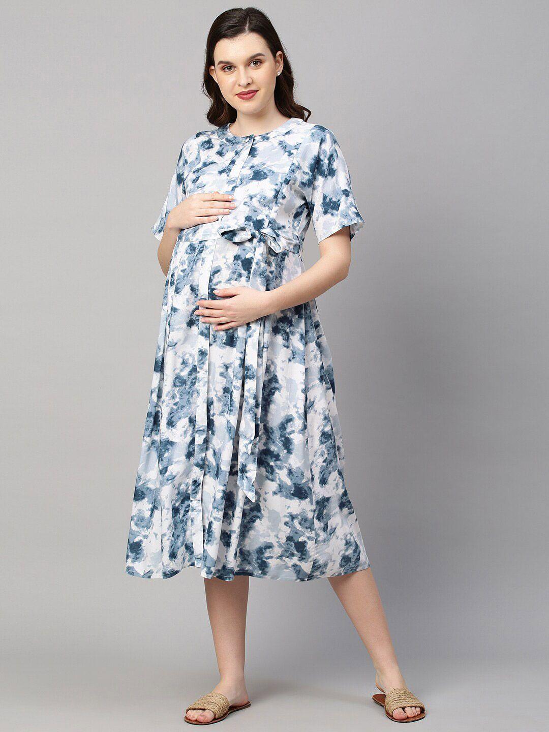 momtobe blue tie and dye maternity empire midi nursing dress