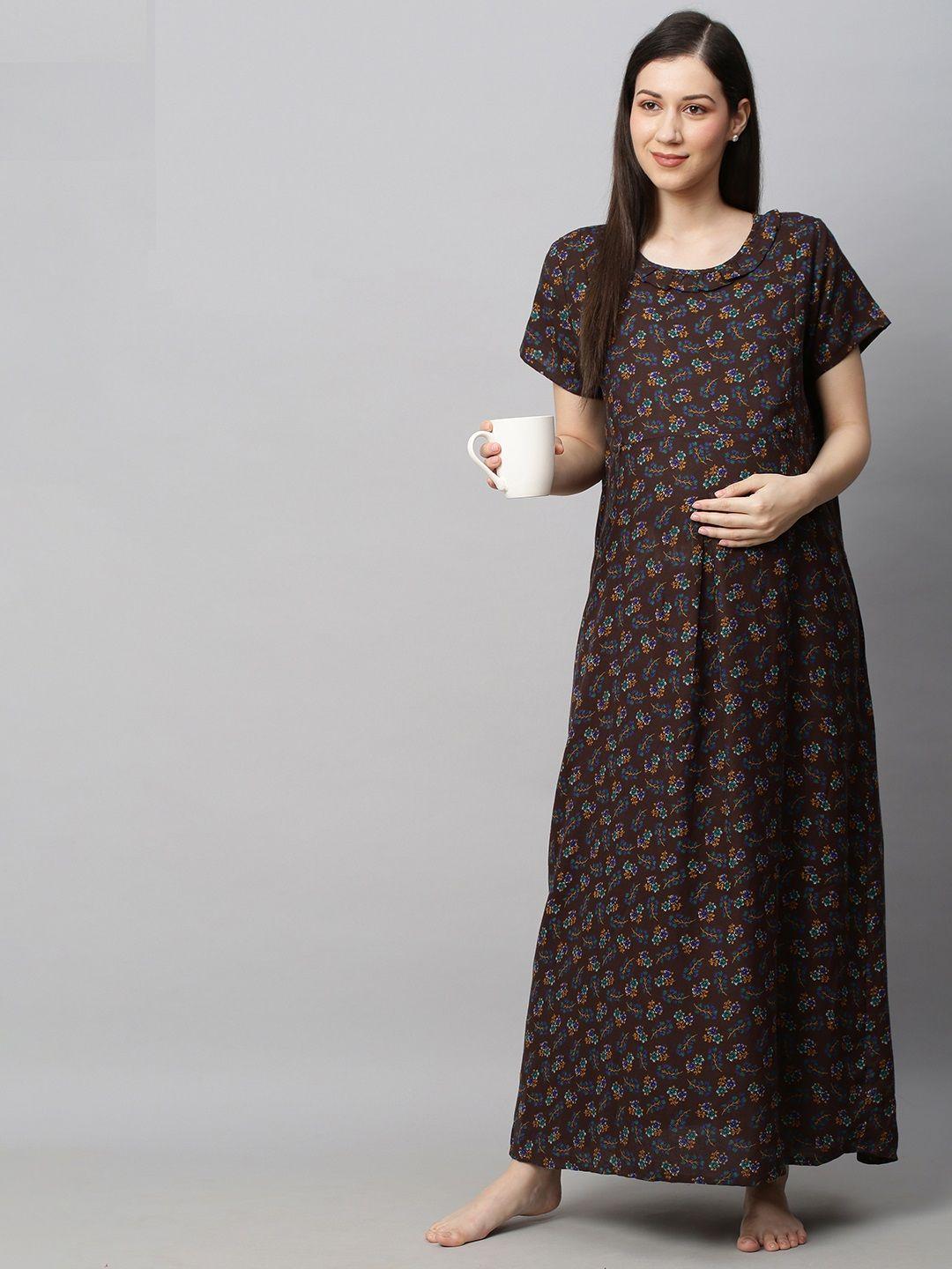 momtobe brown printed maxi nursing nightdress