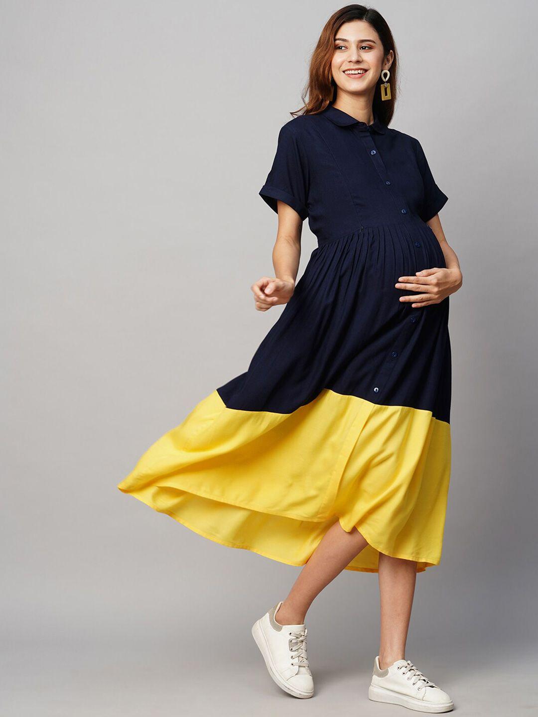 momtobe colourblocked maternity shirt style midi sustainable dress