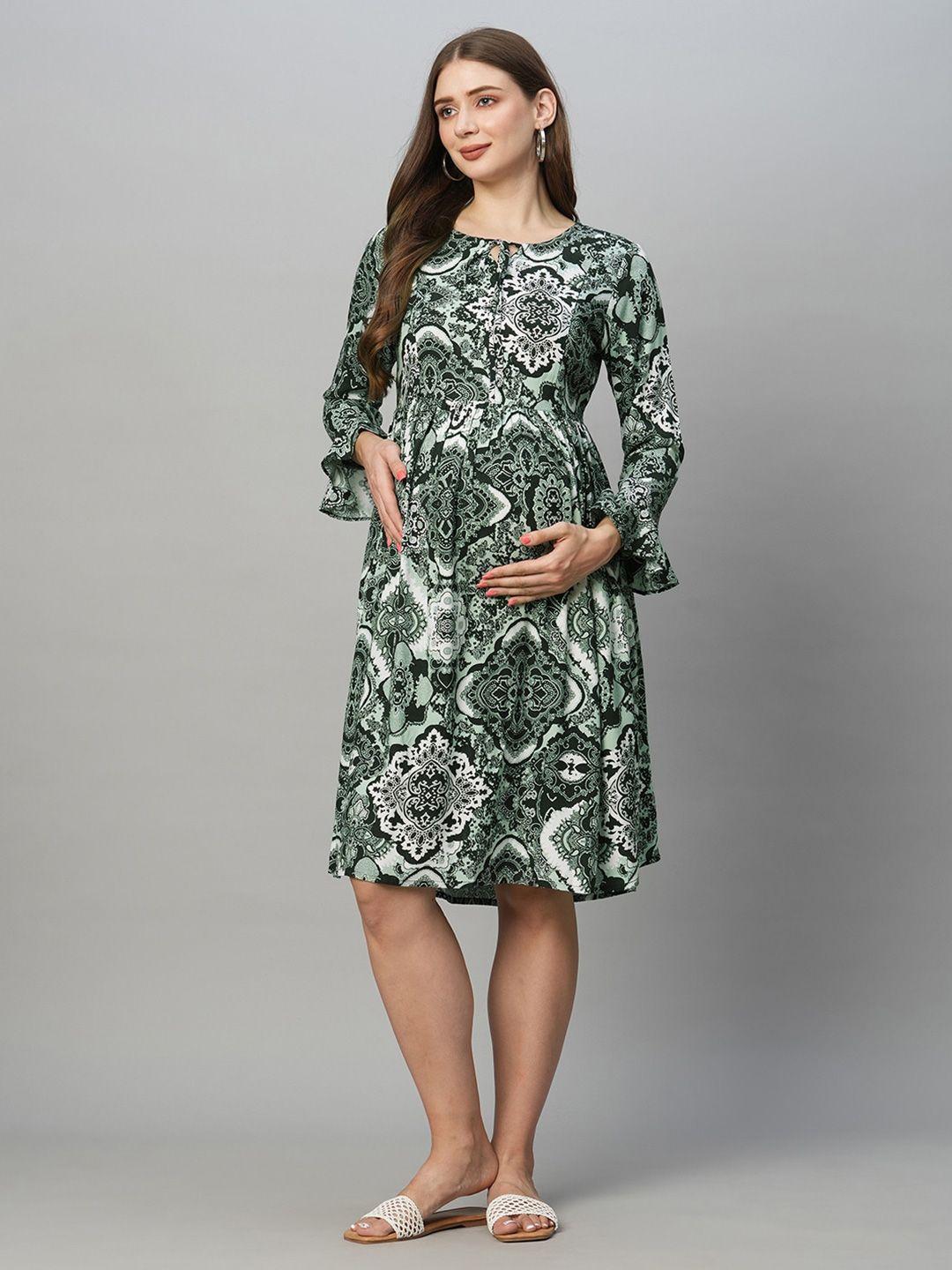 momtobe ethnic motifs printed bell sleeve maternity fit & flare dress