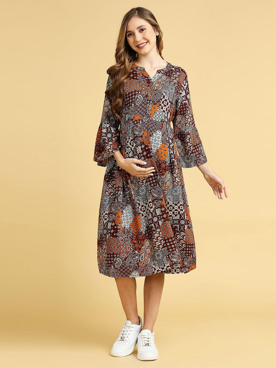 momtobe ethnic motifs printed bell sleeves maternity a-line midi dress