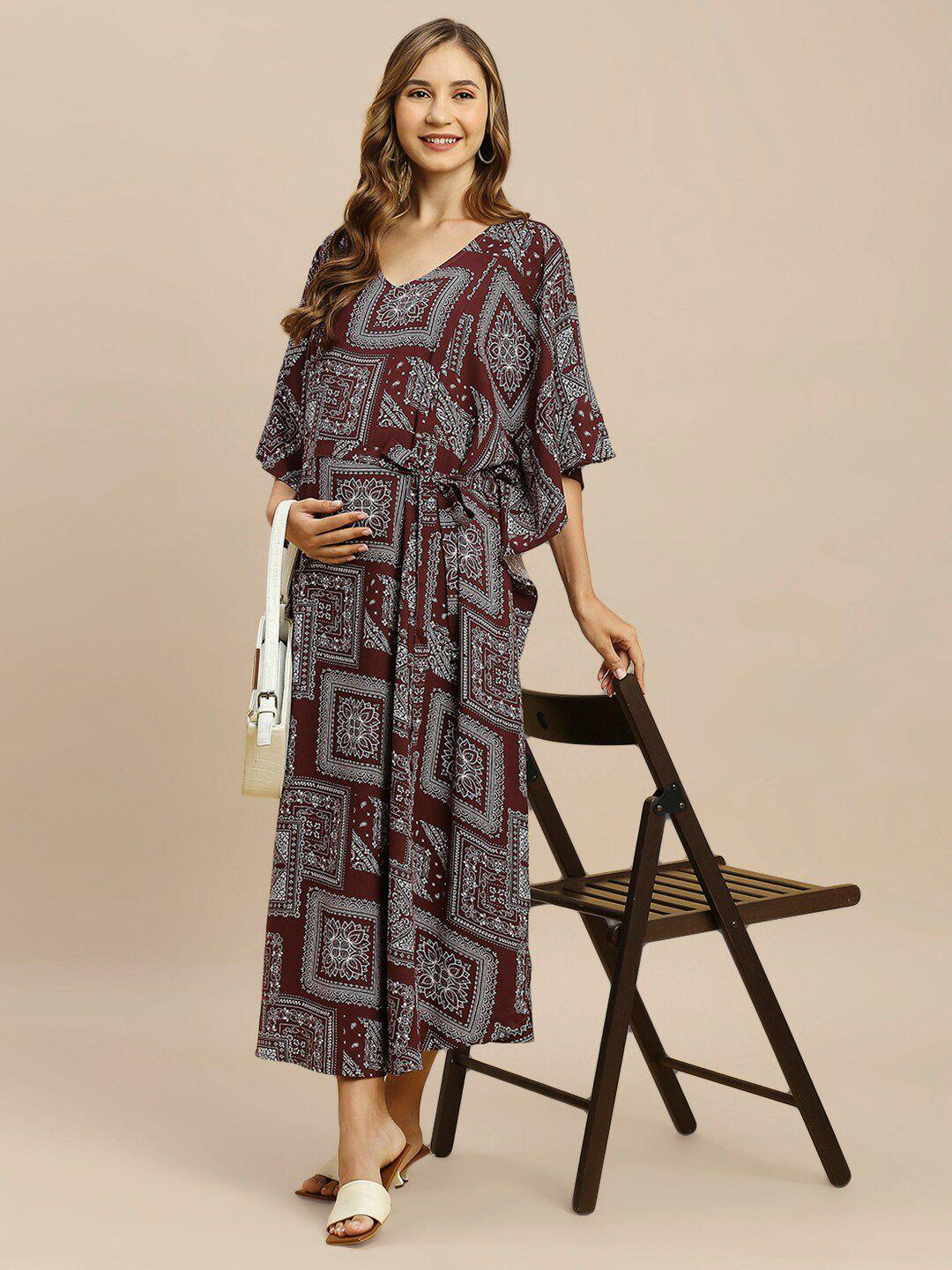 momtobe ethnic motifs printed kimono sleeves maternity kaftan midi dress