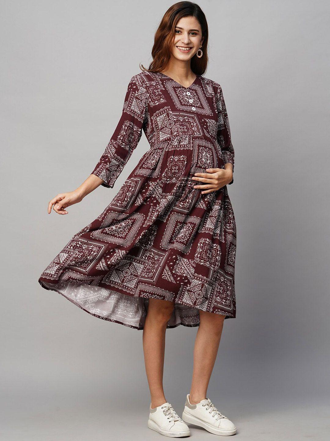 momtobe ethnic motifs printed maternity a-line midi sustainable dress