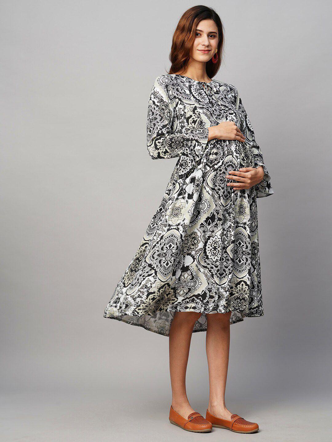 momtobe ethnic motifs printed maternity a-line midi sustainable dress