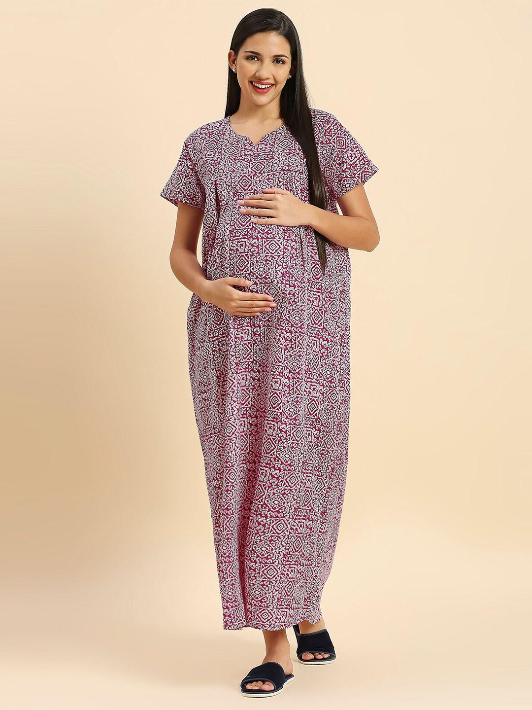 momtobe ethnic motifs printed maxi maternity nightdress