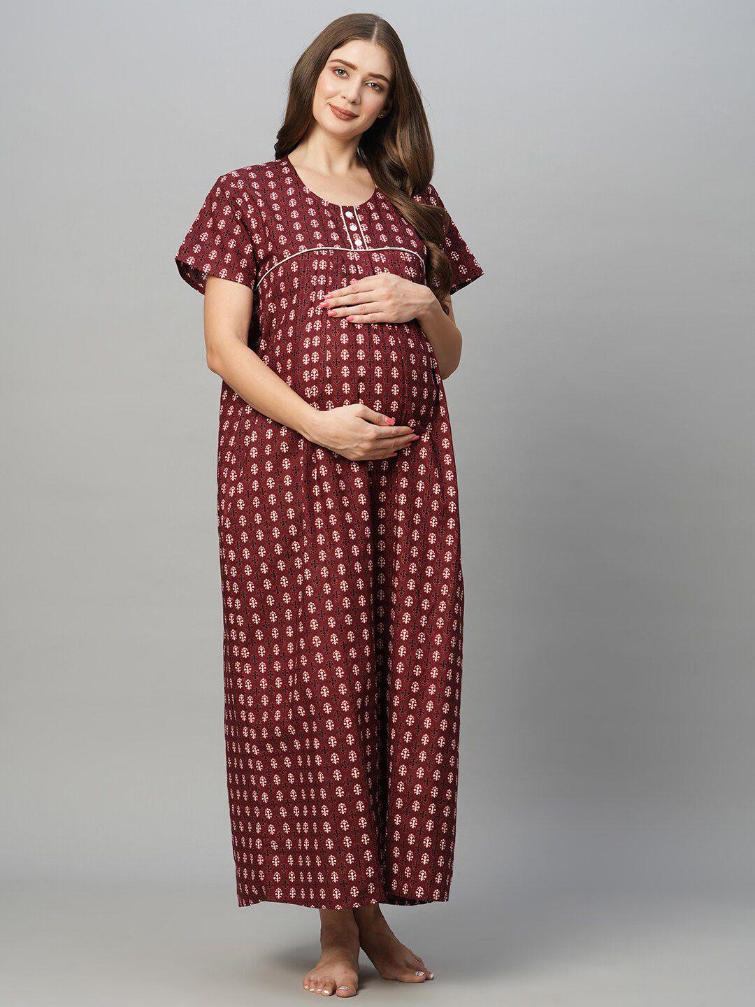 momtobe ethnic motifs printed pure cotton maternity maxi nightdress