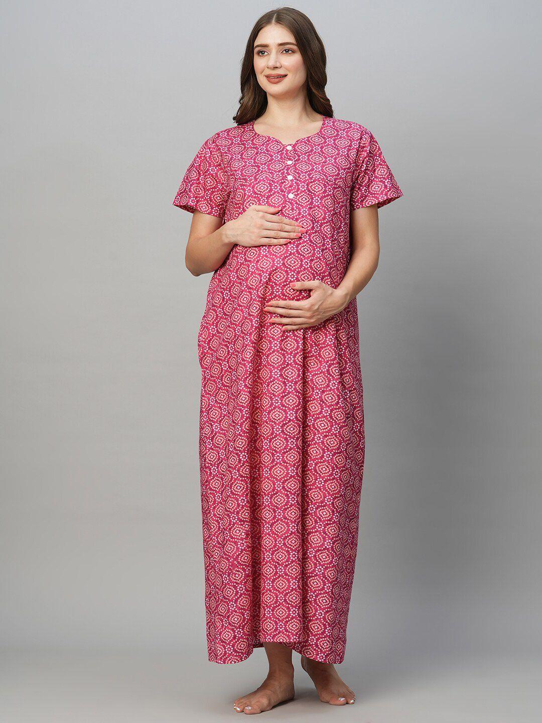 momtobe ethnic motifs printed pure cotton maternity maxi nightdress