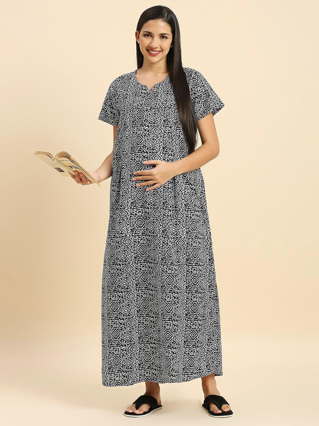 momtobe ethnic motifs printed pure cotton maxi maternity nightdress