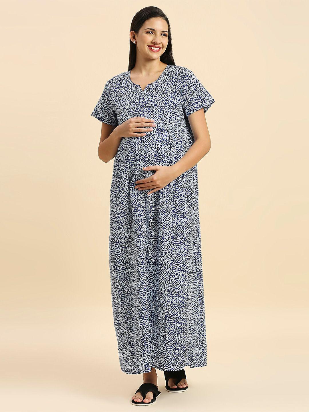 momtobe ethnic motifs printed v-neck pure cotton maxi maternity nightdress