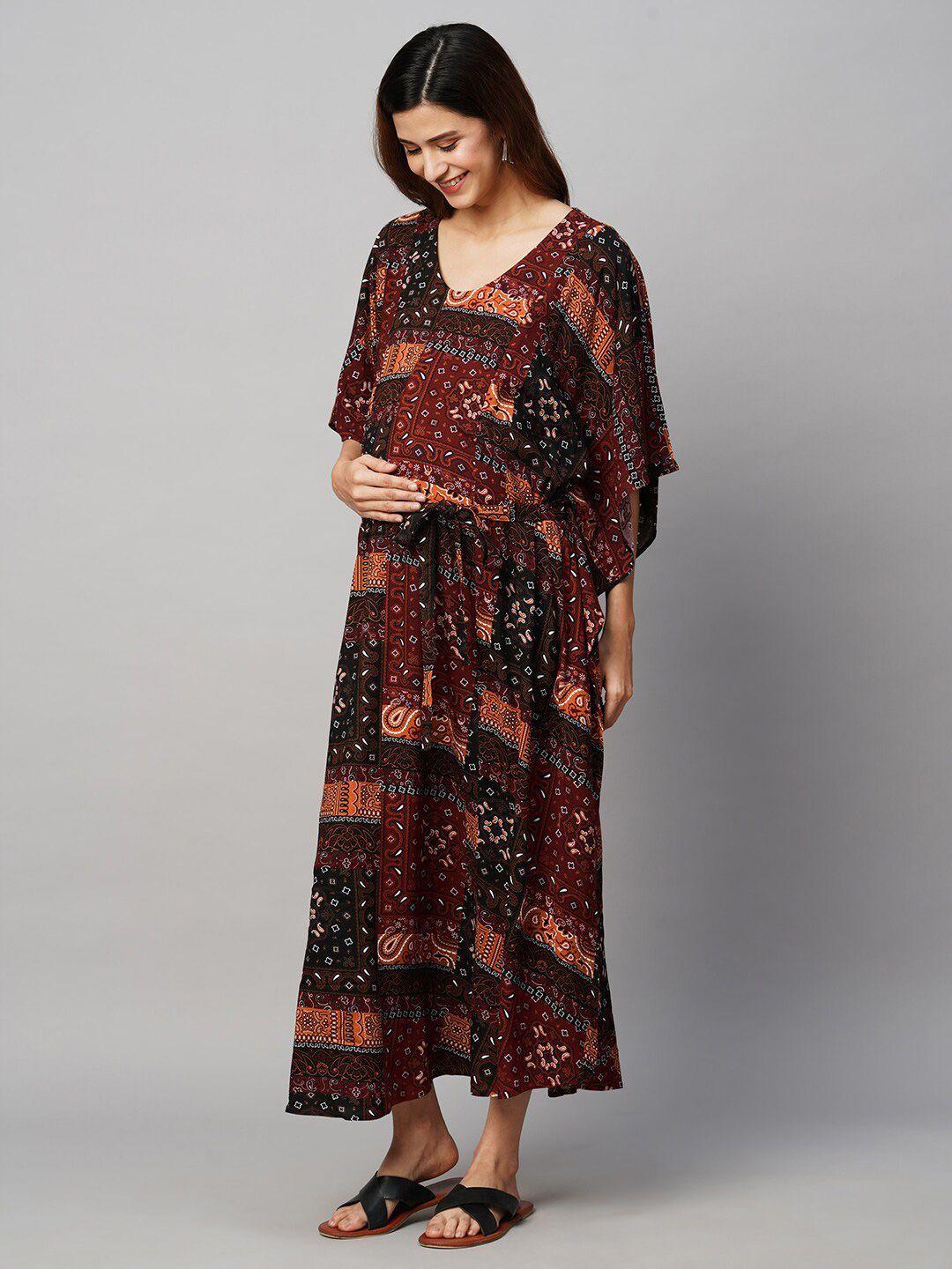 momtobe ethnic motifs printed v-neck tie-ups kaftan maternity dress