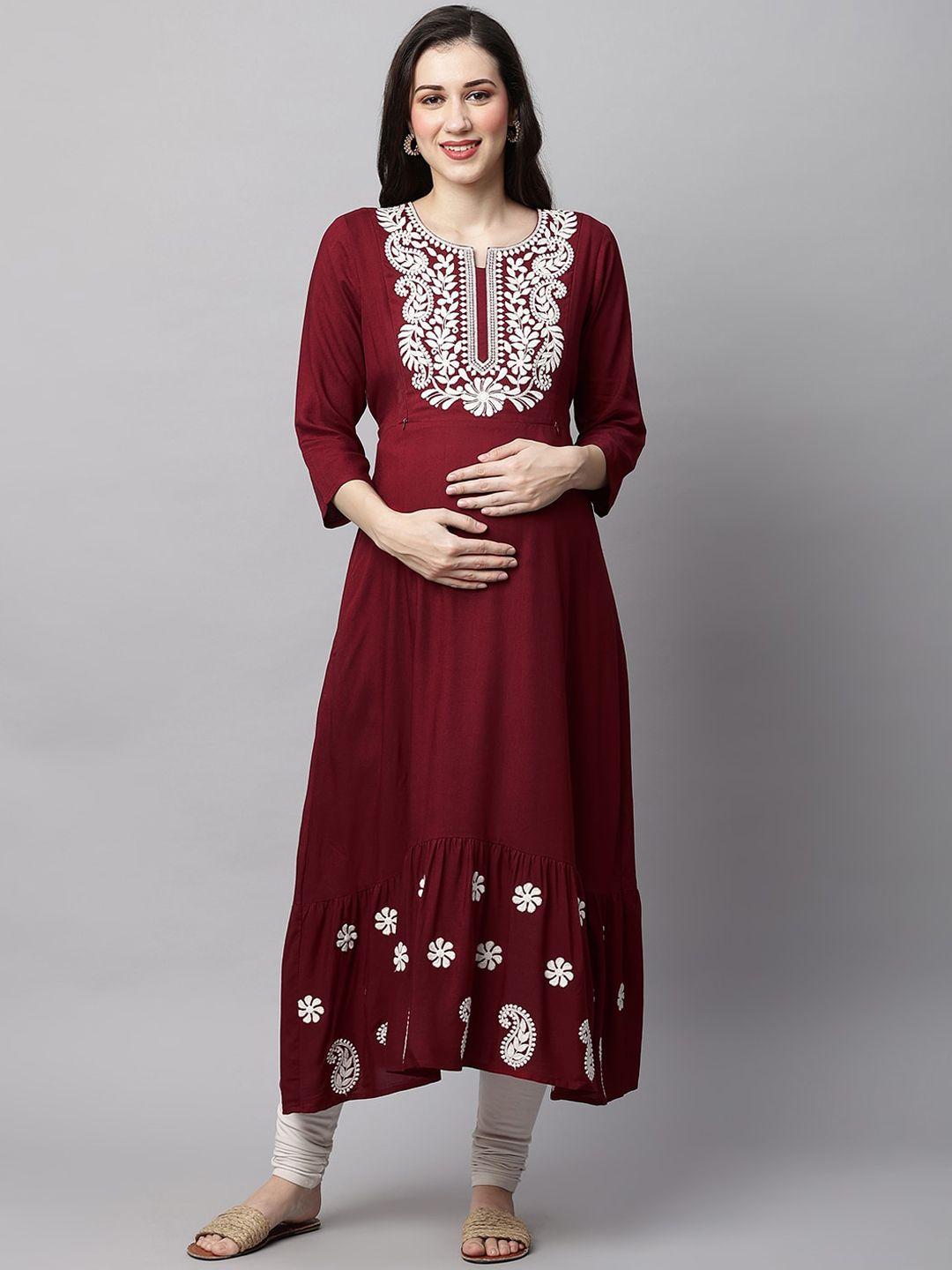 momtobe floral embroidered notched neck maternity a-line kurta