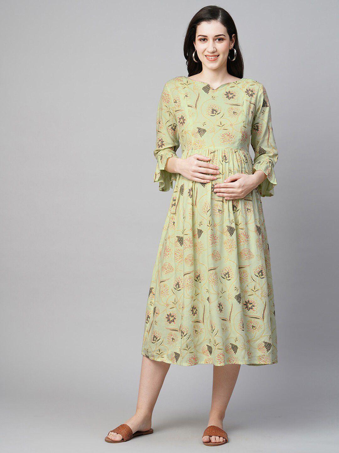 momtobe floral printed bell sleeve maternity a-line midi sustainable dress