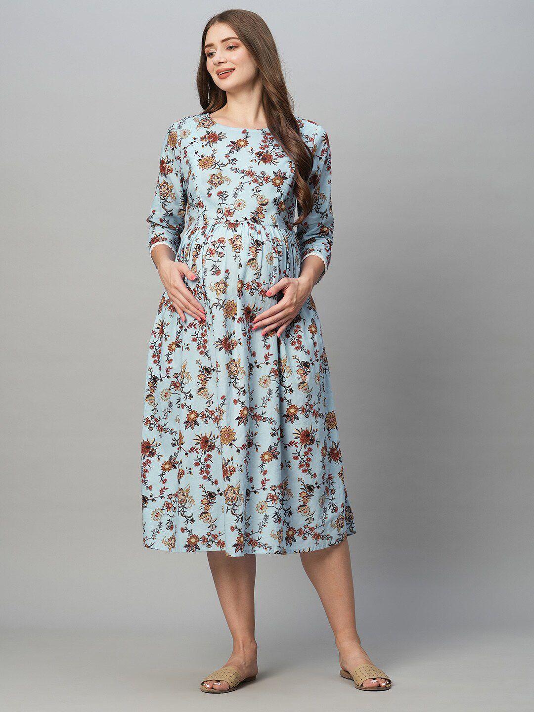 momtobe floral printed cotton fit & flare midi maternity dress