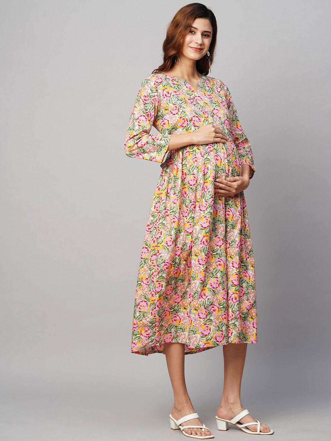 momtobe floral printed cotton maternity a-line midi dress