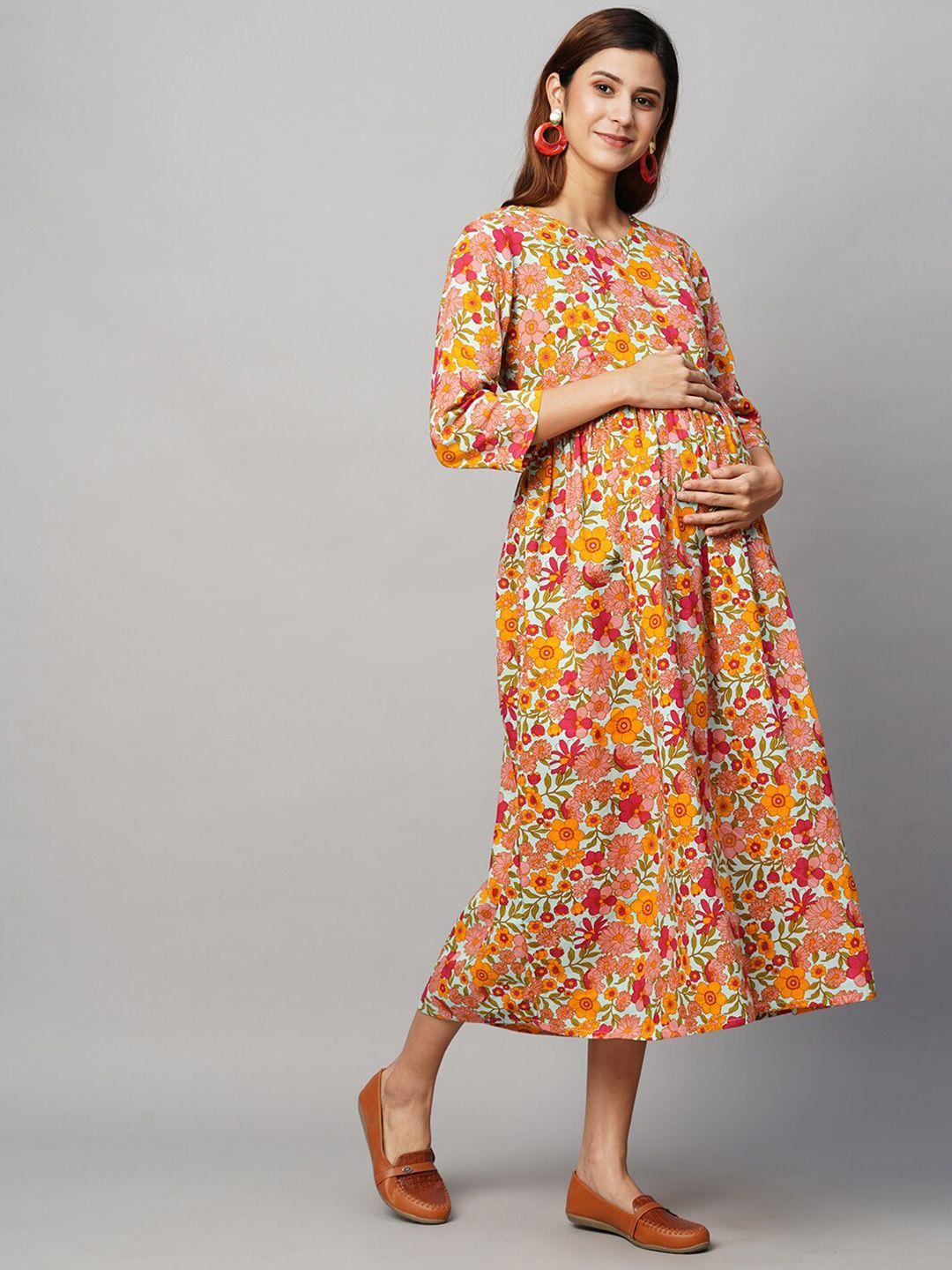 momtobe floral printed cotton maternity a-line midi sustainable dress